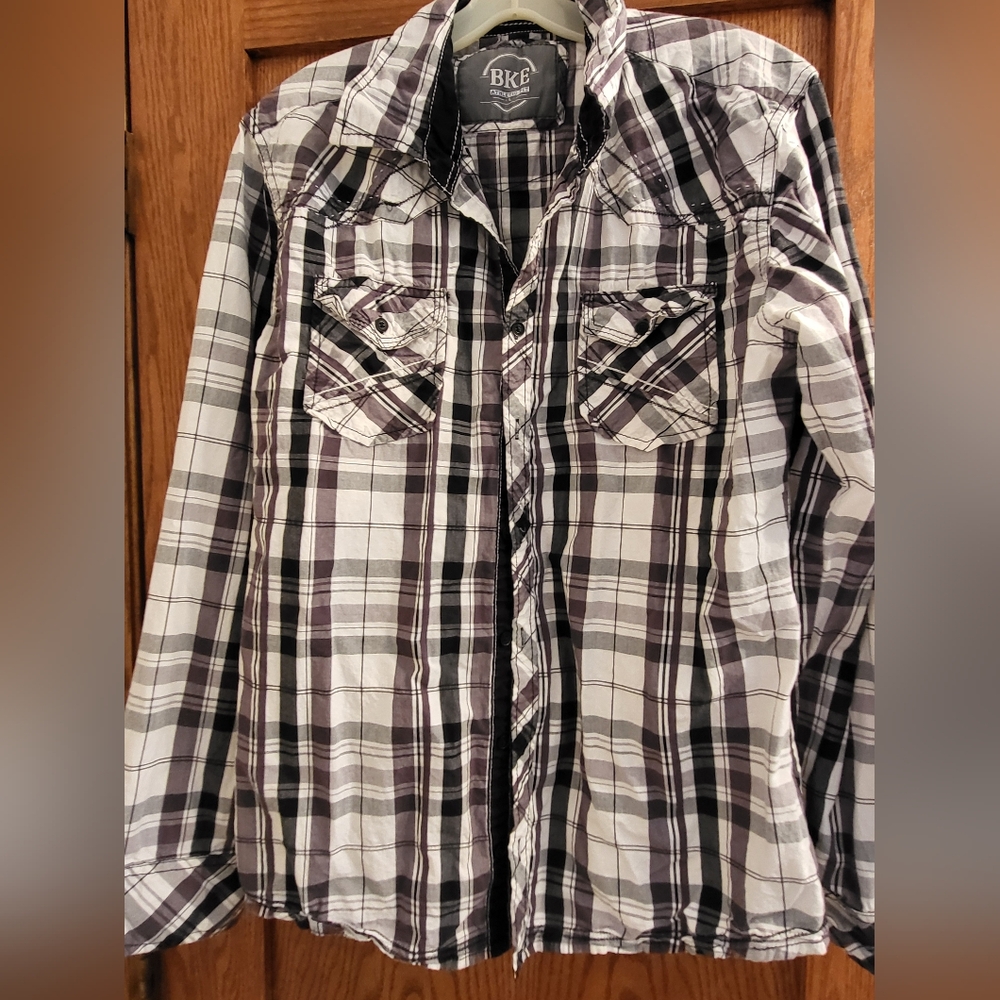 BKE Men's Plaid Shirt - Black and White